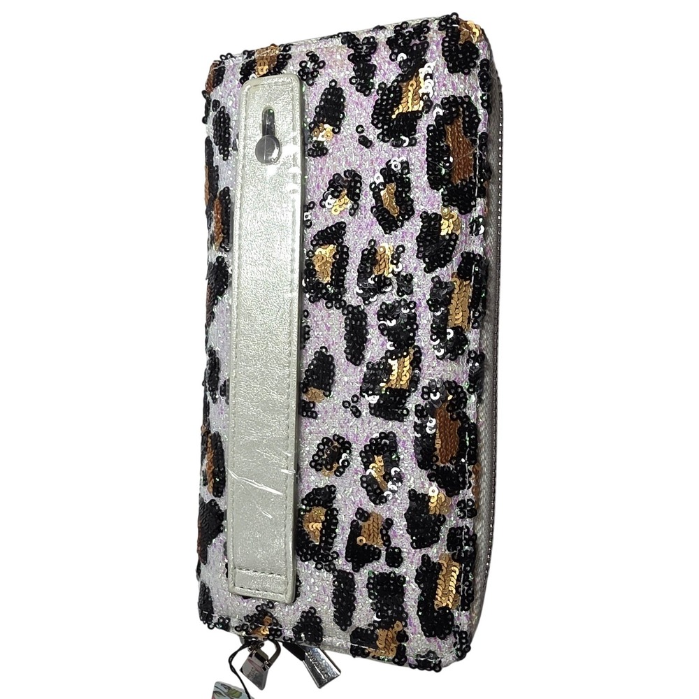 RFID blocking Sequin Leopard Print Double Zip Clutch with Wrist strap NEW - Picture 2 of 9